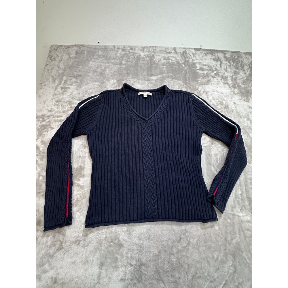 Tommy Hilfiger Sweater Womens Size XL Navy Blue Cable Knit Stripe V-Neck Y2K EUC